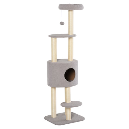 Cat Scratching Tree Height 148 cm Cat Tower with Sisal Posts 3 Platforms House and Hanging Ball Gray