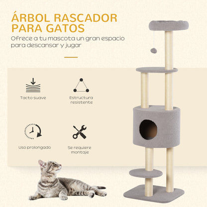 Cat Scratching Tree Height 148 cm Cat Tower with Sisal Posts 3 Platforms House and Hanging Ball Gray