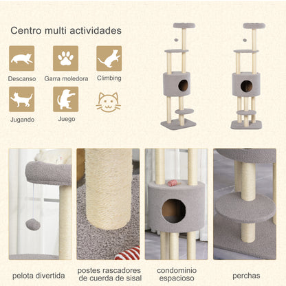 Cat Scratching Tree Height 148 cm Cat Tower with Sisal Posts 3 Platforms House and Hanging Ball Gray