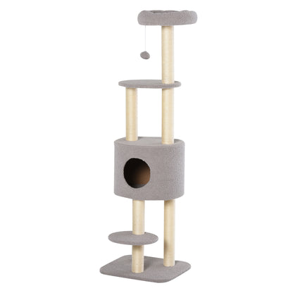 Cat Scratching Tree Height 148 cm Cat Tower with Sisal Posts 3 Platforms House and Hanging Ball Gray