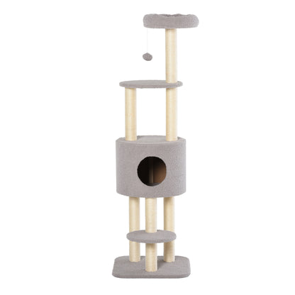 Cat Scratching Tree Height 148 cm Cat Tower with Sisal Posts 3 Platforms House and Hanging Ball Gray