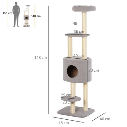 Cat Scratching Tree Height 148 cm Cat Tower with Sisal Posts 3 Platforms House and Hanging Ball Gray