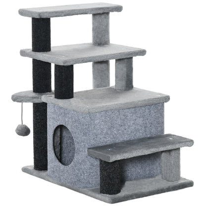 Dog Stairs 3/4 Steps 66 cm High Pet Stairs with Sleep Cave, Ramp, Toy Ball, Cat Stairs for Medium-sized Cat Dog Ramp Accessory for Bed, Sofa, Couch, Gray