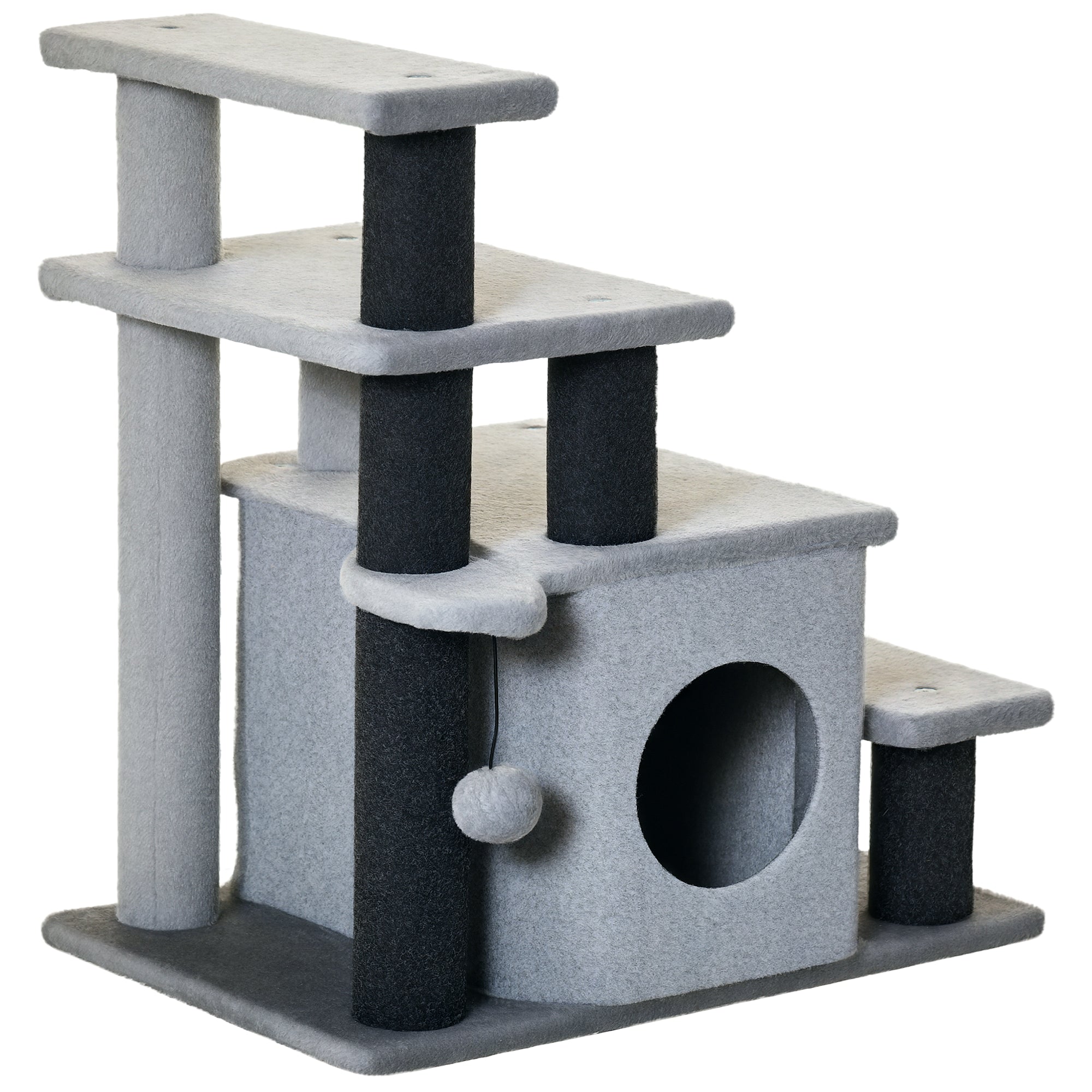 Dog Stairs 3/4 Steps 66 cm High Pet Stairs with Sleep Cave, Ramp, Toy Ball, Cat Stairs for Medium-sized Cat Dog Ramp Accessory for Bed, Sofa, Couch, Gray