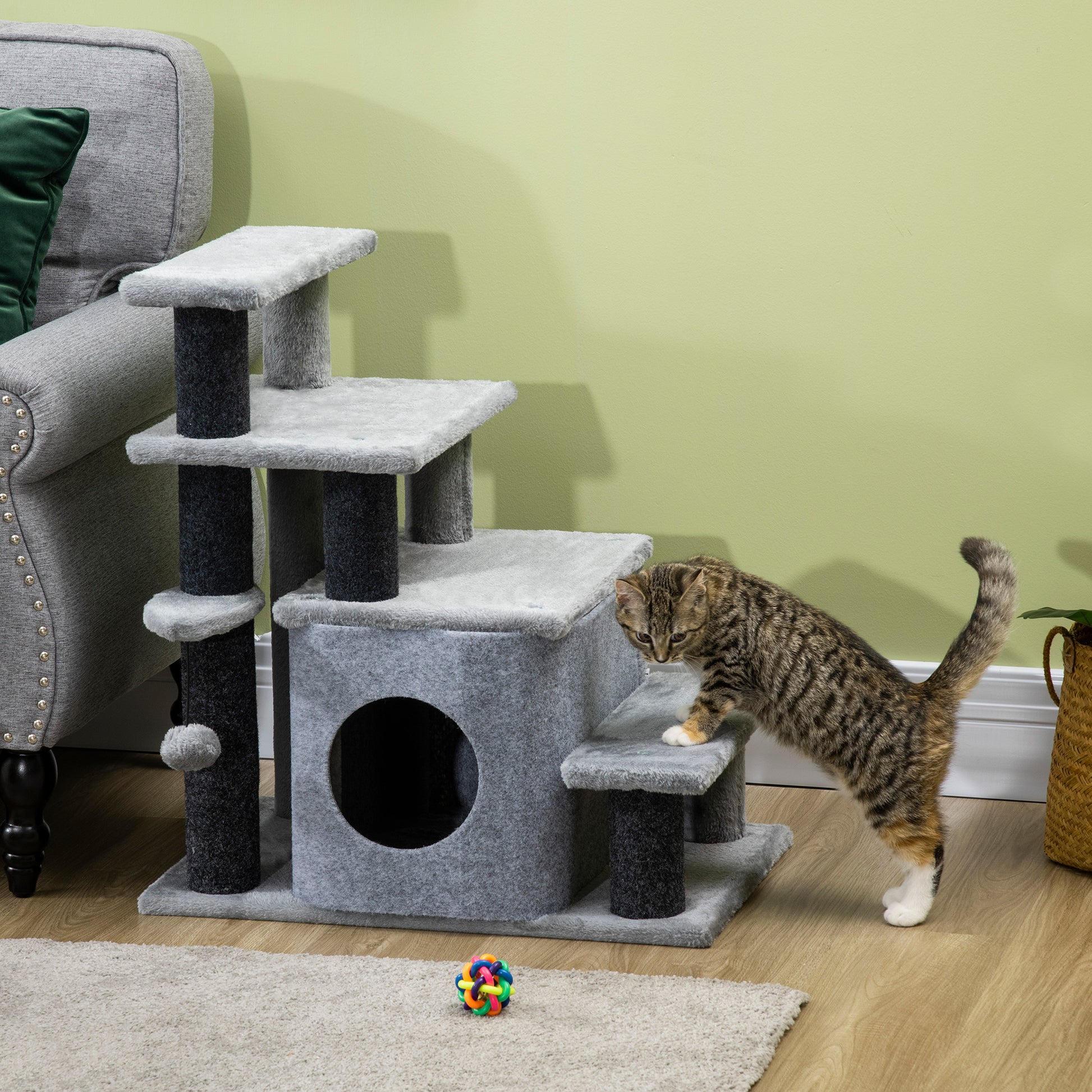 Dog Stairs 3/4 Steps 66 cm High Pet Stairs with Sleep Cave, Ramp, Toy Ball, Cat Stairs for Medium-sized Cat Dog Ramp Accessory for Bed, Sofa, Couch, Gray