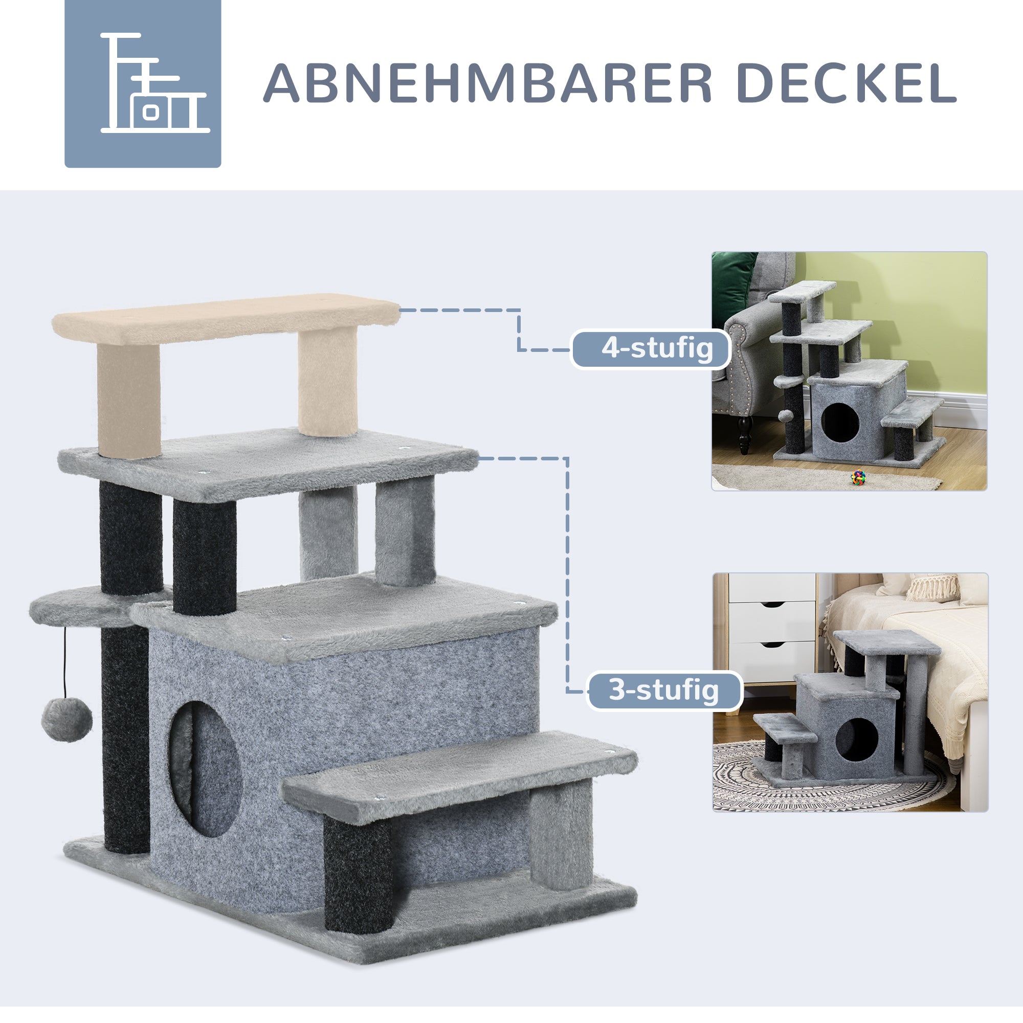Dog Stairs 3/4 Steps 66 cm High Pet Stairs with Sleep Cave, Ramp, Toy Ball, Cat Stairs for Medium-sized Cat Dog Ramp Accessory for Bed, Sofa, Couch, Gray