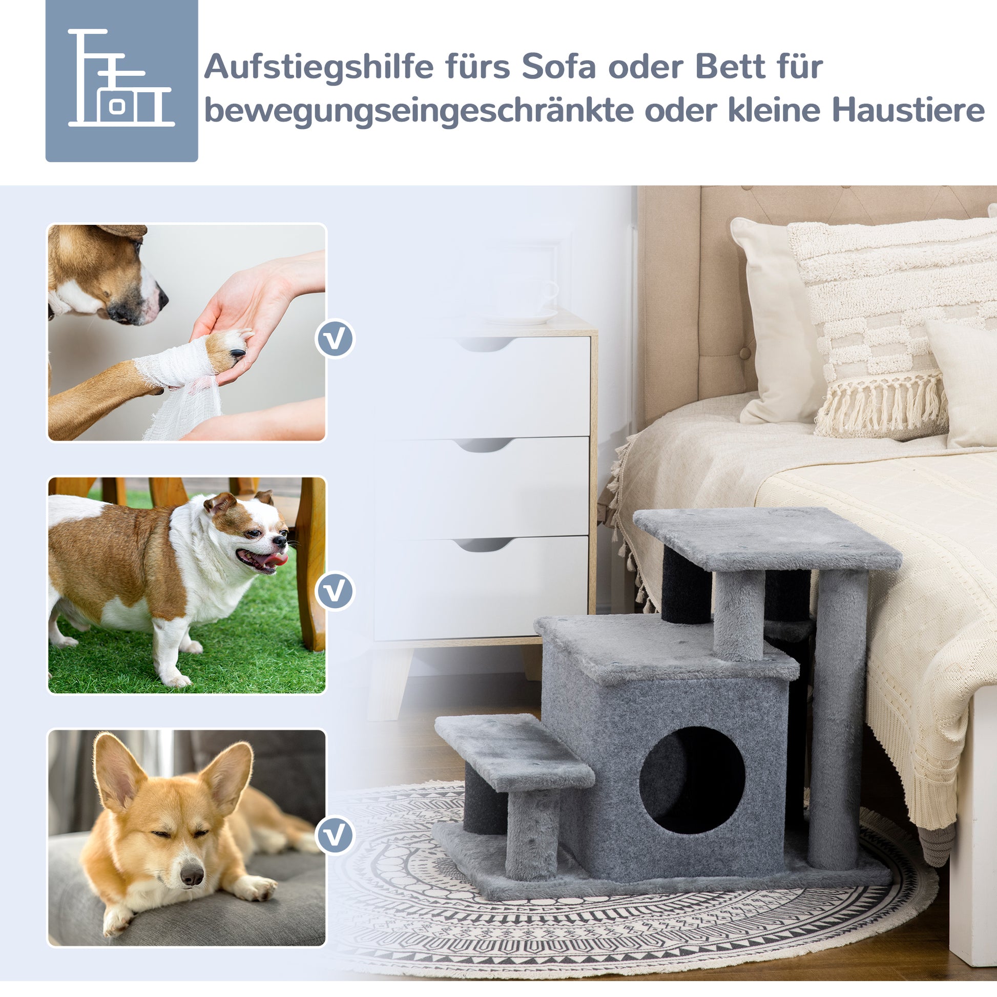 Dog Stairs 3/4 Steps 66 cm High Pet Stairs with Sleep Cave, Ramp, Toy Ball, Cat Stairs for Medium-sized Cat Dog Ramp Accessory for Bed, Sofa, Couch, Gray