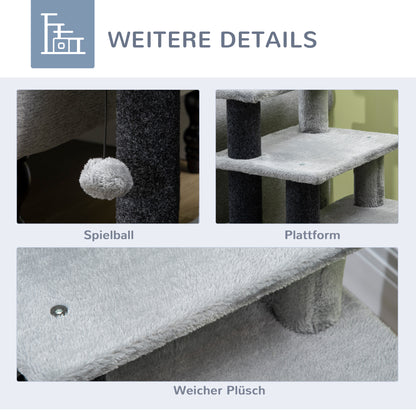 Dog Stairs 3/4 Steps 66 cm High Pet Stairs with Sleep Cave, Ramp, Toy Ball, Cat Stairs for Medium-sized Cat Dog Ramp Accessory for Bed, Sofa, Couch, Gray