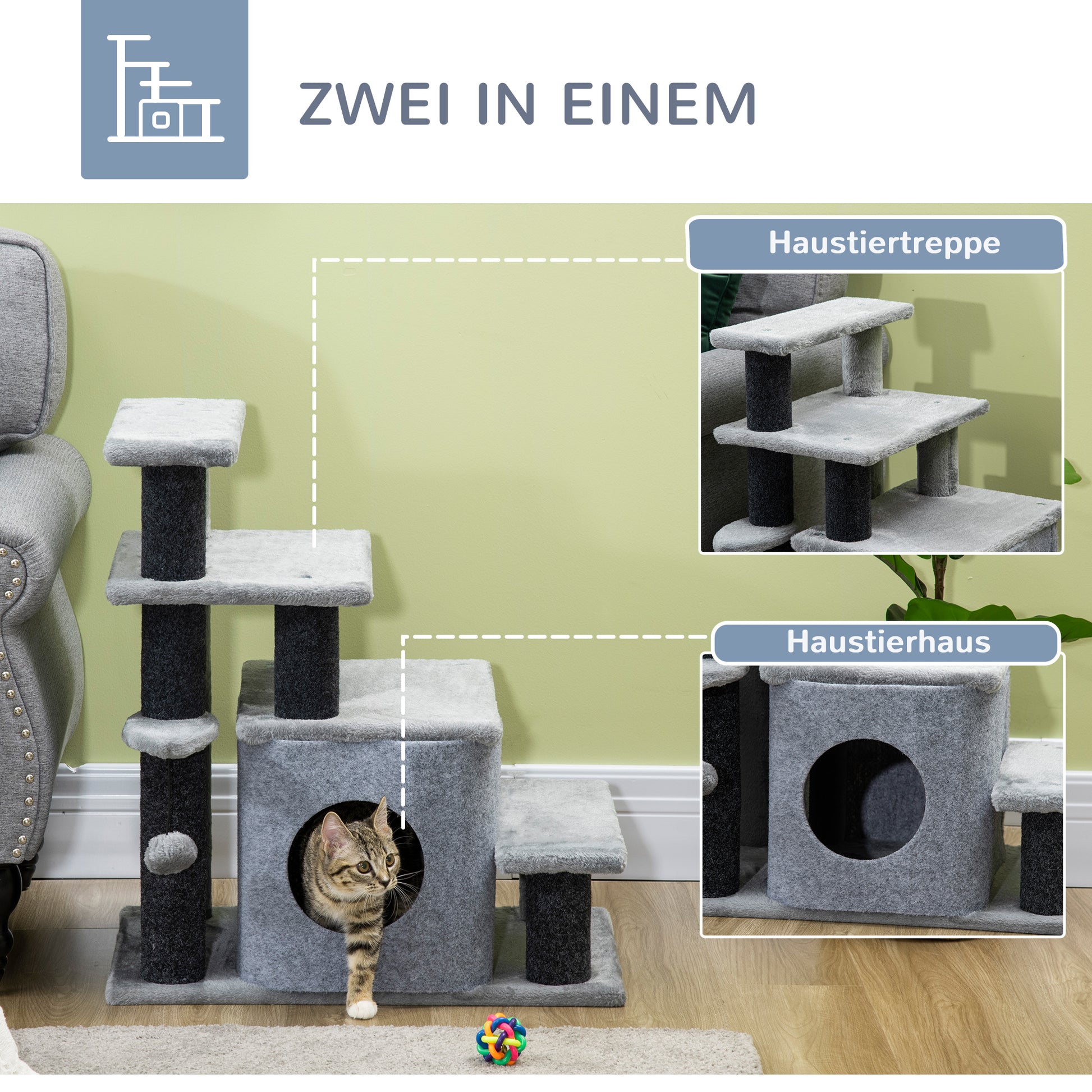 Dog Stairs 3/4 Steps 66 cm High Pet Stairs with Sleep Cave, Ramp, Toy Ball, Cat Stairs for Medium-sized Cat Dog Ramp Accessory for Bed, Sofa, Couch, Gray