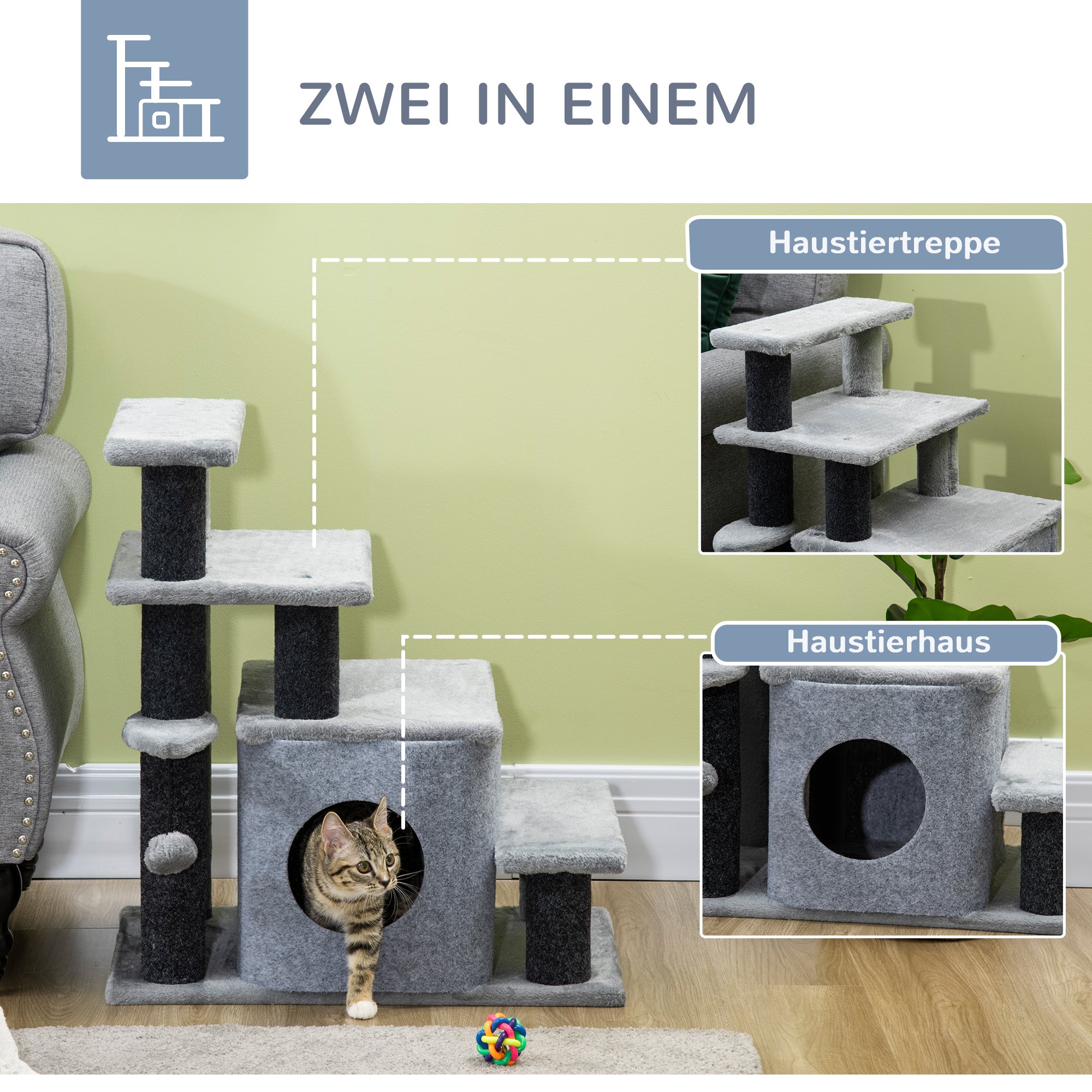 Dog Stairs 3/4 Steps 66 cm High Pet Stairs with Sleep Cave, Ramp, Toy Ball, Cat Stairs for Medium-sized Cat Dog Ramp Accessory for Bed, Sofa, Couch, Gray
