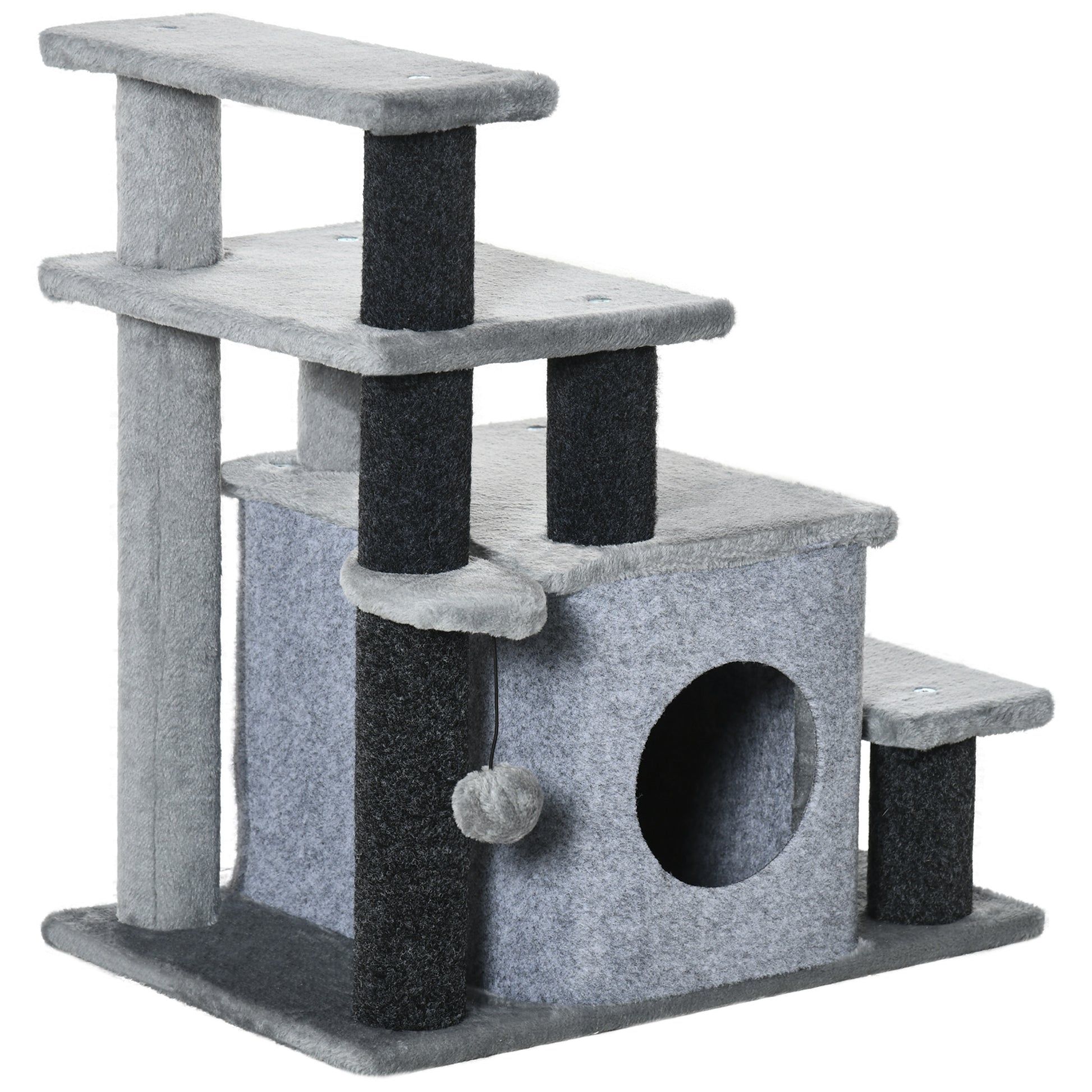 Dog Stairs 3/4 Steps 66 cm High Pet Stairs with Sleep Cave, Ramp, Toy Ball, Cat Stairs for Medium-sized Cat Dog Ramp Accessory for Bed, Sofa, Couch, Gray