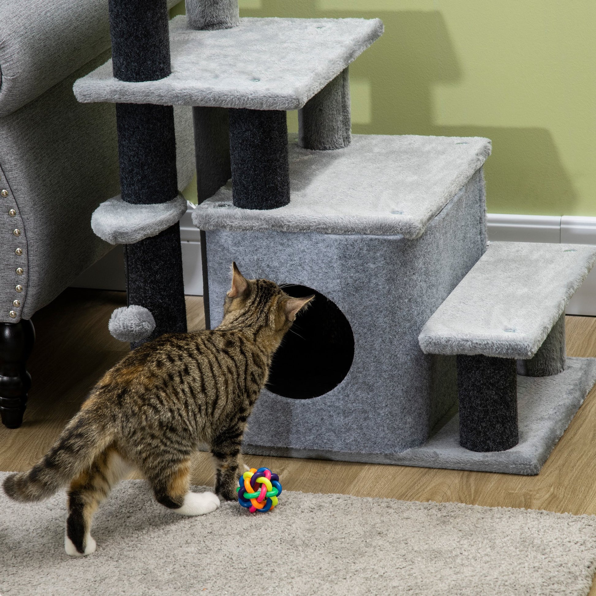 Dog Stairs 3/4 Steps 66 cm High Pet Stairs with Sleep Cave, Ramp, Toy Ball, Cat Stairs for Medium-sized Cat Dog Ramp Accessory for Bed, Sofa, Couch, Gray