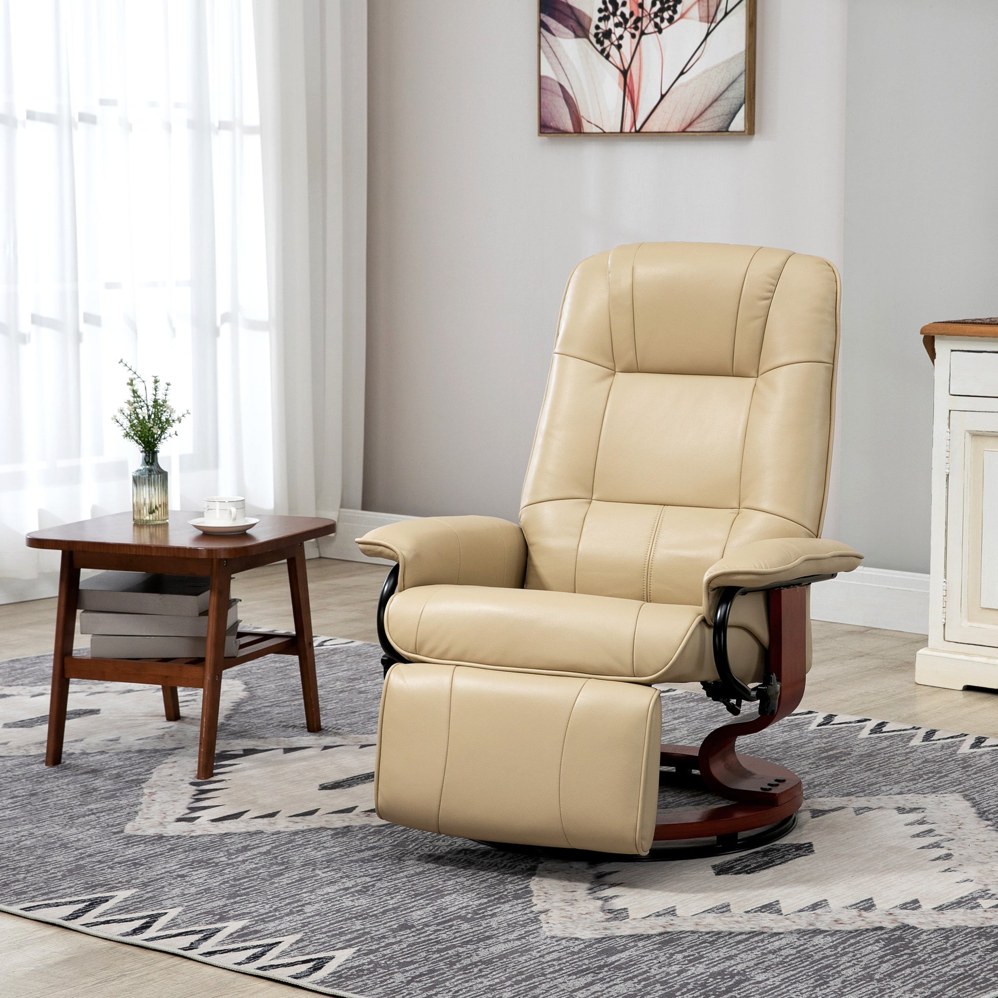 Reclining Armchair with Swivel TV Chair Function, Footrest, Recliner with Armrest, Wooden Legs for Living Room, Bedroom, Faux Leather, Cream White