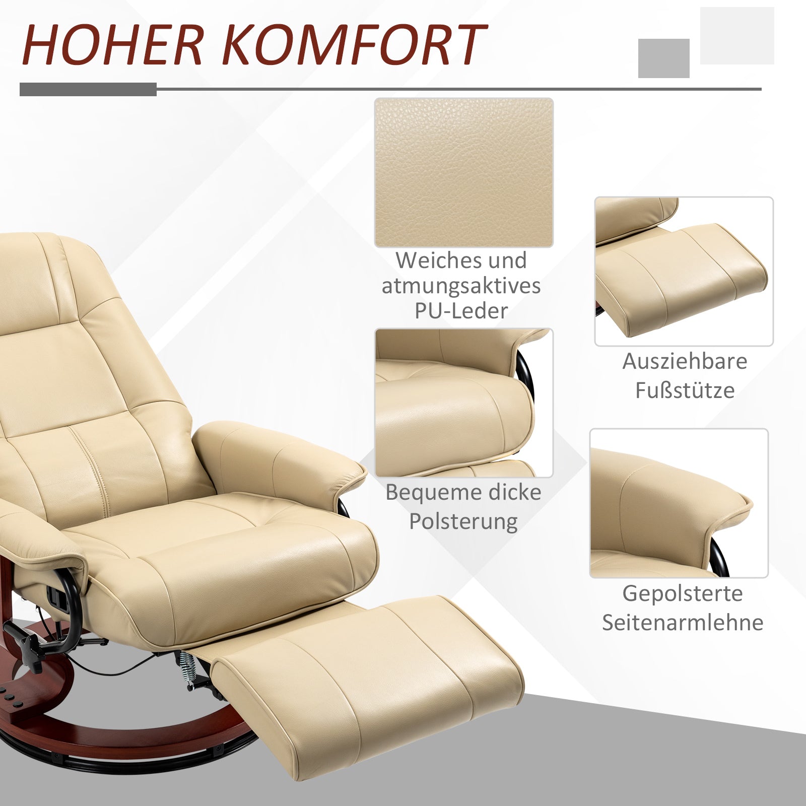 Reclining Armchair with Swivel TV Chair Function, Footrest, Recliner with Armrest, Wooden Legs for Living Room, Bedroom, Faux Leather, Cream White