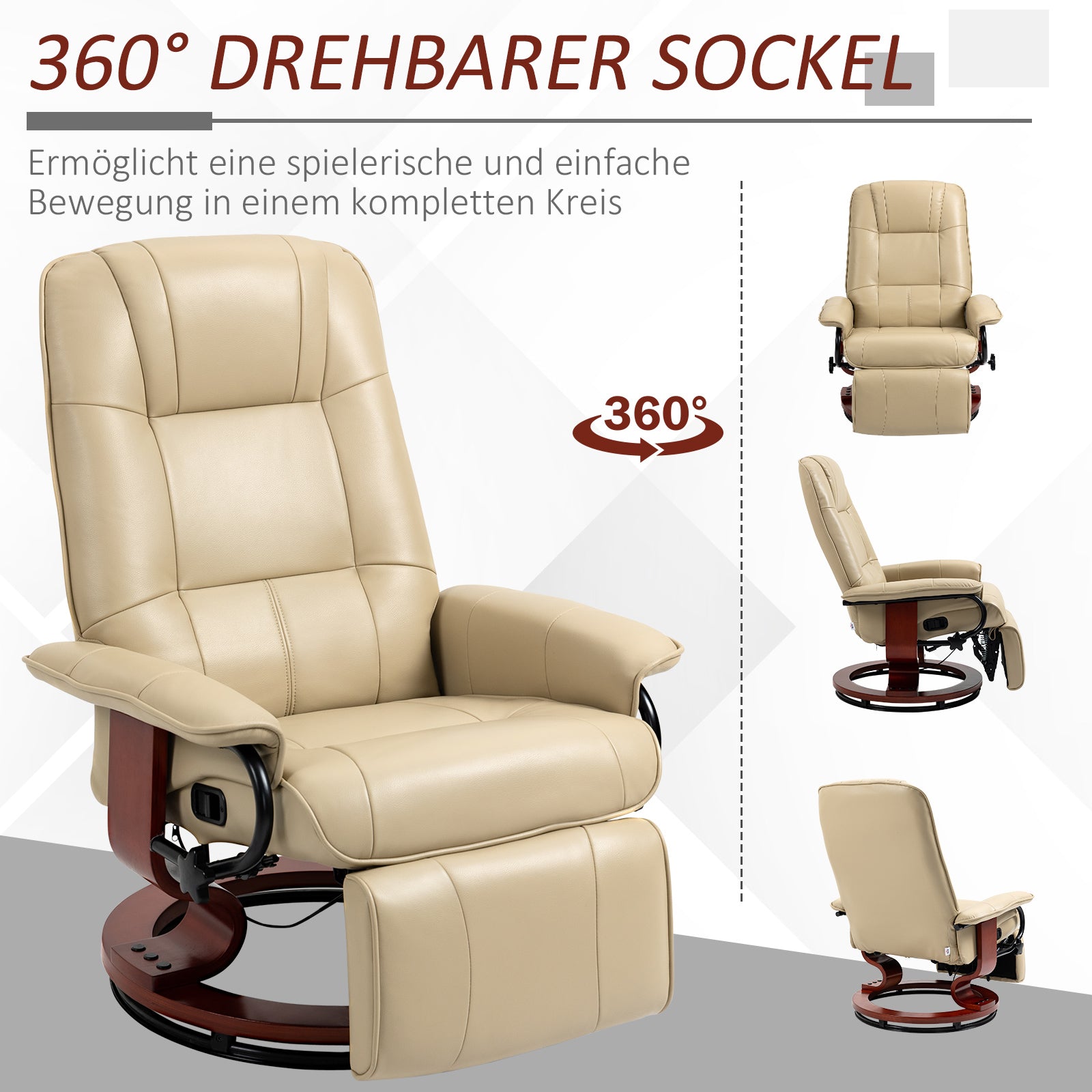 Reclining Armchair with Swivel TV Chair Function, Footrest, Recliner with Armrest, Wooden Legs for Living Room, Bedroom, Faux Leather, Cream White