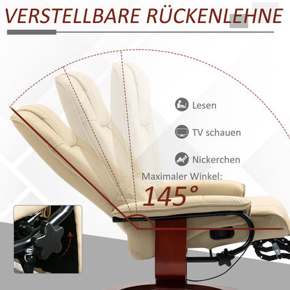 Reclining Armchair with Swivel TV Chair Function, Footrest, Recliner with Armrest, Wooden Legs for Living Room, Bedroom, Faux Leather, Cream White