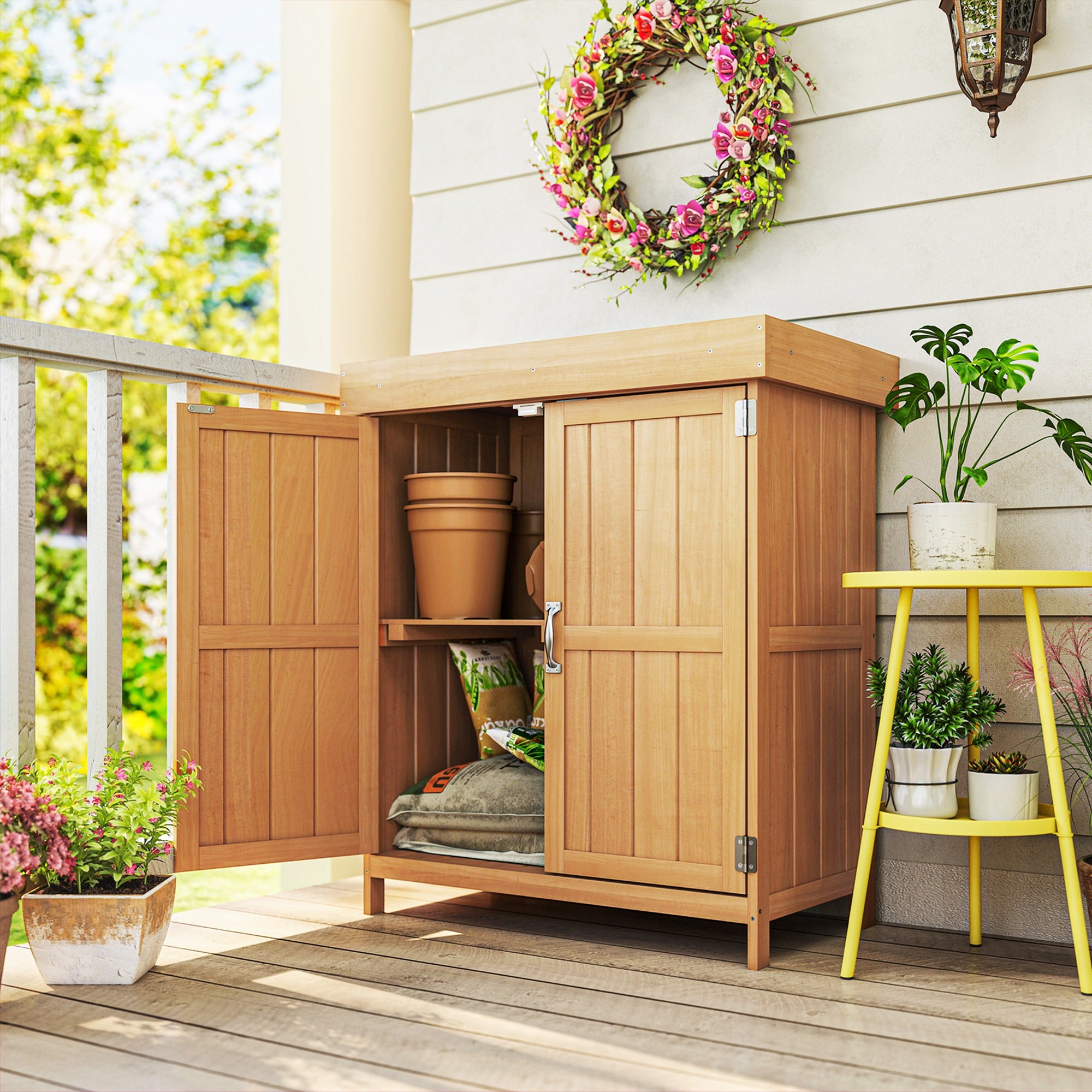 Garden Cabinet Fir Wood, Weatherproof Tool Shed 74x43x88cm, Tool Shed with Double Door, 2 Compartments, Tool Cabinet, Garden House Tool Cabinet for Garden, Terrace, Natural
