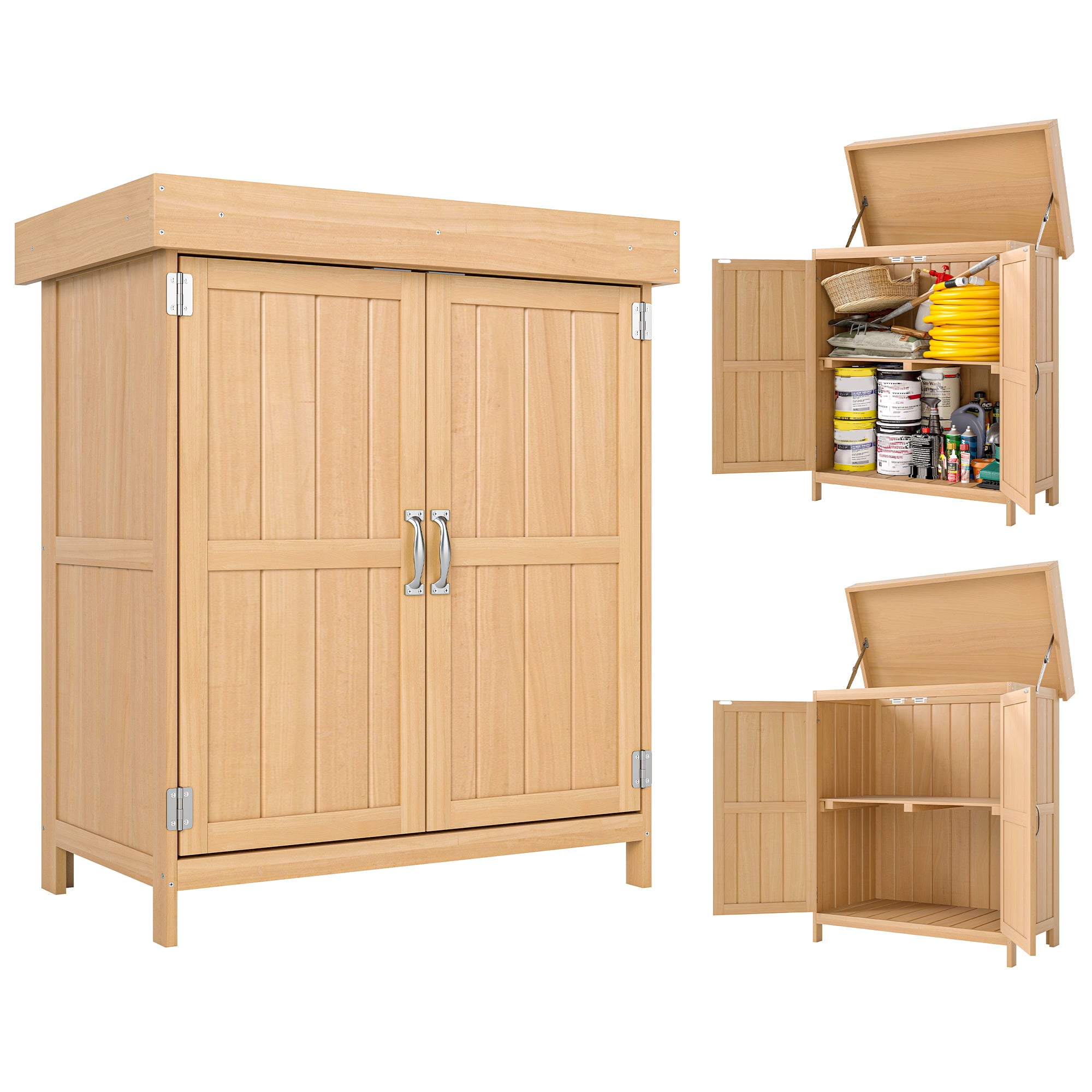Garden Cabinet Fir Wood, Weatherproof Tool Shed 74x43x88cm, Tool Shed with Double Door, 2 Compartments, Tool Cabinet, Garden House Tool Cabinet for Garden, Terrace, Natural