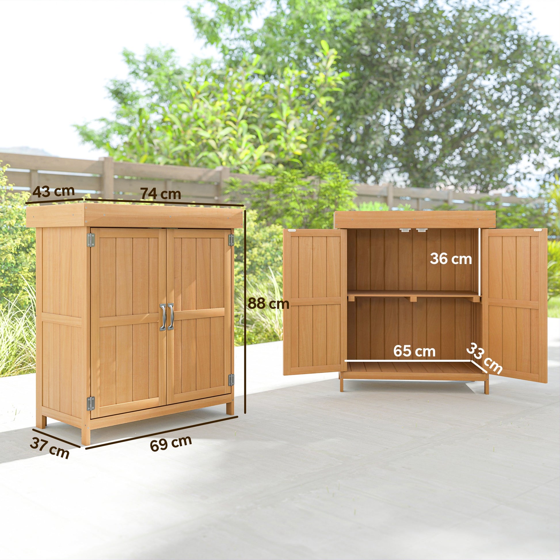 Garden Cabinet Fir Wood, Weatherproof Tool Shed 74x43x88cm, Tool Shed with Double Door, 2 Compartments, Tool Cabinet, Garden House Tool Cabinet for Garden, Terrace, Natural