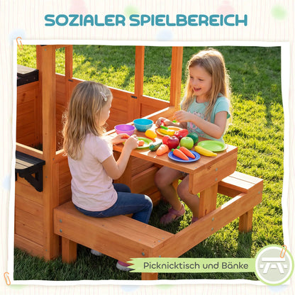 Wooden Outdoor Playhouse for Kids — Table, Benches, Sink, Door, Window & Flower Boxes, Brown, 166.3 x 112.5 x 139.7 cm (65.5 x 44.3 x 55.0 in)