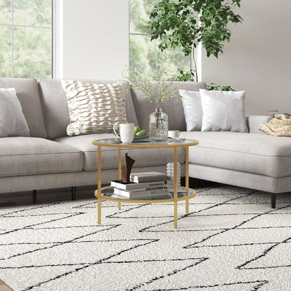 Side Table Round Coffee Table with Shelf, Steel Frame, Coffee Table, Bedside Table for Living Room, Bedroom, Gold, Ø60 x 43 cm