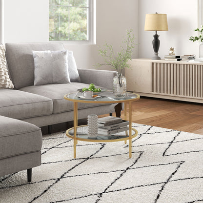 Side Table Round Coffee Table with Shelf, Steel Frame, Coffee Table, Bedside Table for Living Room, Bedroom, Gold, Ø60 x 43 cm