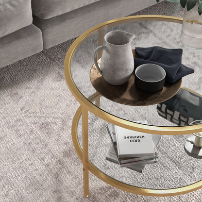 Side Table Round Coffee Table with Shelf, Steel Frame, Coffee Table, Bedside Table for Living Room, Bedroom, Gold, Ø60 x 43 cm