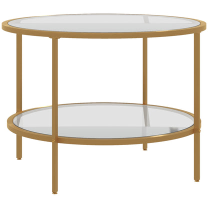 Side Table Round Coffee Table with Shelf, Steel Frame, Coffee Table, Bedside Table for Living Room, Bedroom, Gold, Ø60 x 43 cm