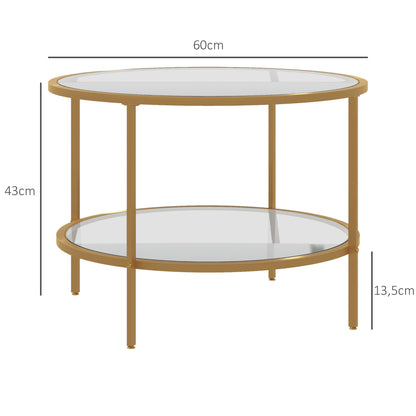 Side Table Round Coffee Table with Shelf, Steel Frame, Coffee Table, Bedside Table for Living Room, Bedroom, Gold, Ø60 x 43 cm