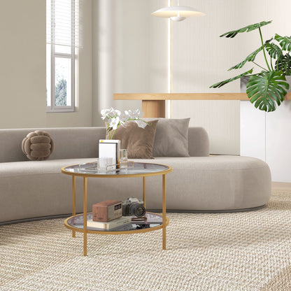 Side Table Round Coffee Table with Shelf, Steel Frame, Coffee Table, Bedside Table for Living Room, Bedroom, Gold, Ø60 x 43 cm