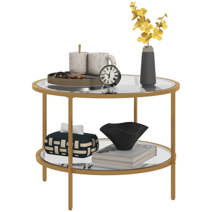 Side Table Round Coffee Table with Shelf, Steel Frame, Coffee Table, Bedside Table for Living Room, Bedroom, Gold, Ø60 x 43 cm