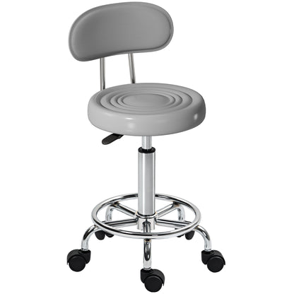 Adjustable Rolling Stool with Backrest — Swivel Salon/Work Chair with Wheels & Footrest, PU Leather, 12.6 x 15.7 x 27.6–33.9 in, Gray