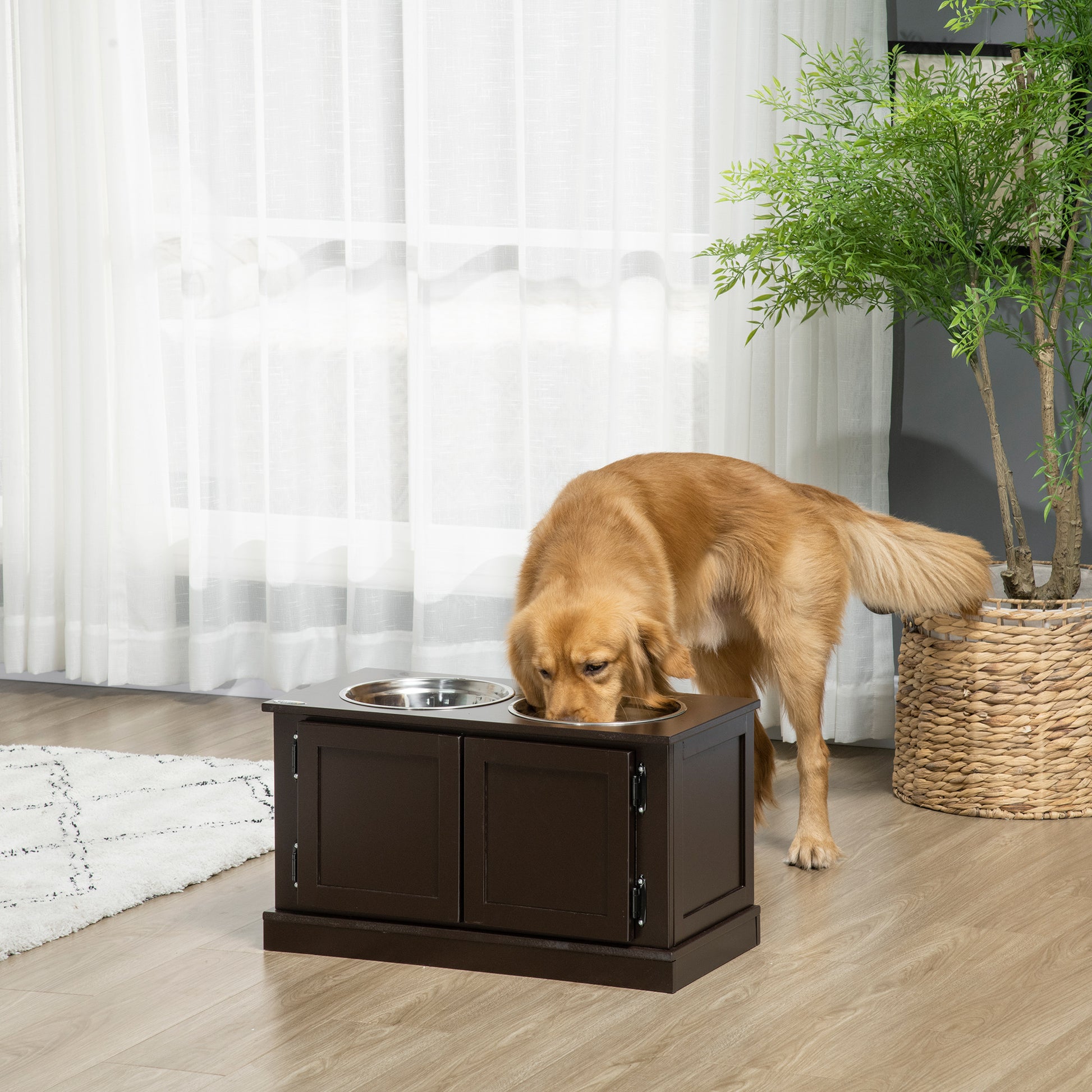 Elevated Dog Bowls, Feeding Station with 2 Stainless Steel Bowls, Water Bowl with 29.5L Storage, Food Bowl, Dog Bowl Stand for Large Dogs, Coffee