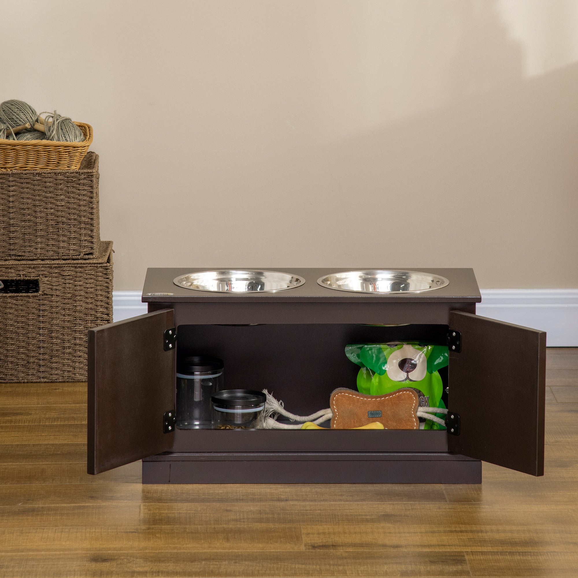 Elevated Dog Bowls, Feeding Station with 2 Stainless Steel Bowls, Water Bowl with 29.5L Storage, Food Bowl, Dog Bowl Stand for Large Dogs, Coffee