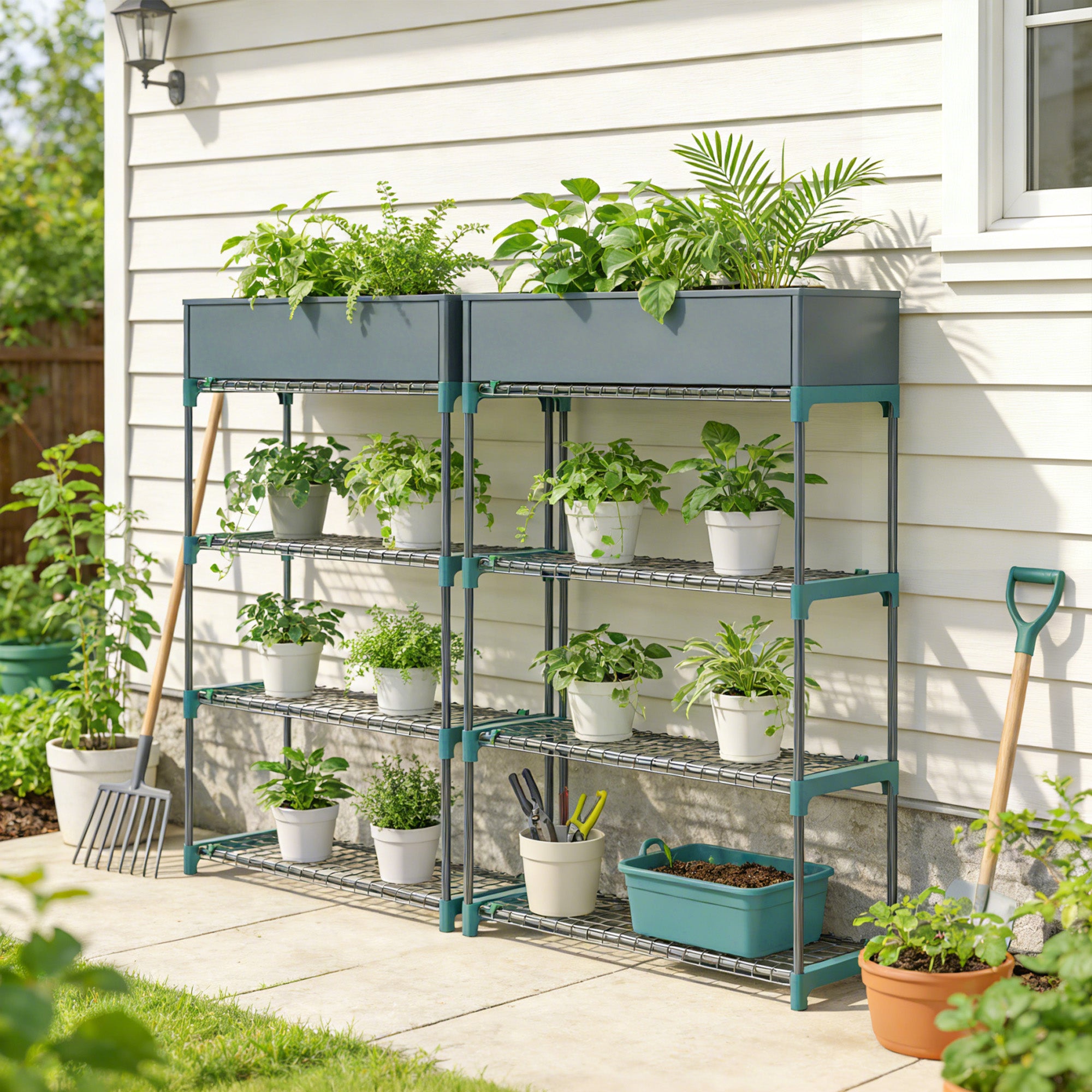 Set of 2 4-Tier Plant Stands, 40.9 in Tall — Steel Indoor/Outdoor Shelves, Multi-Level Pot Rack for Garden & Balcony, Dark Green