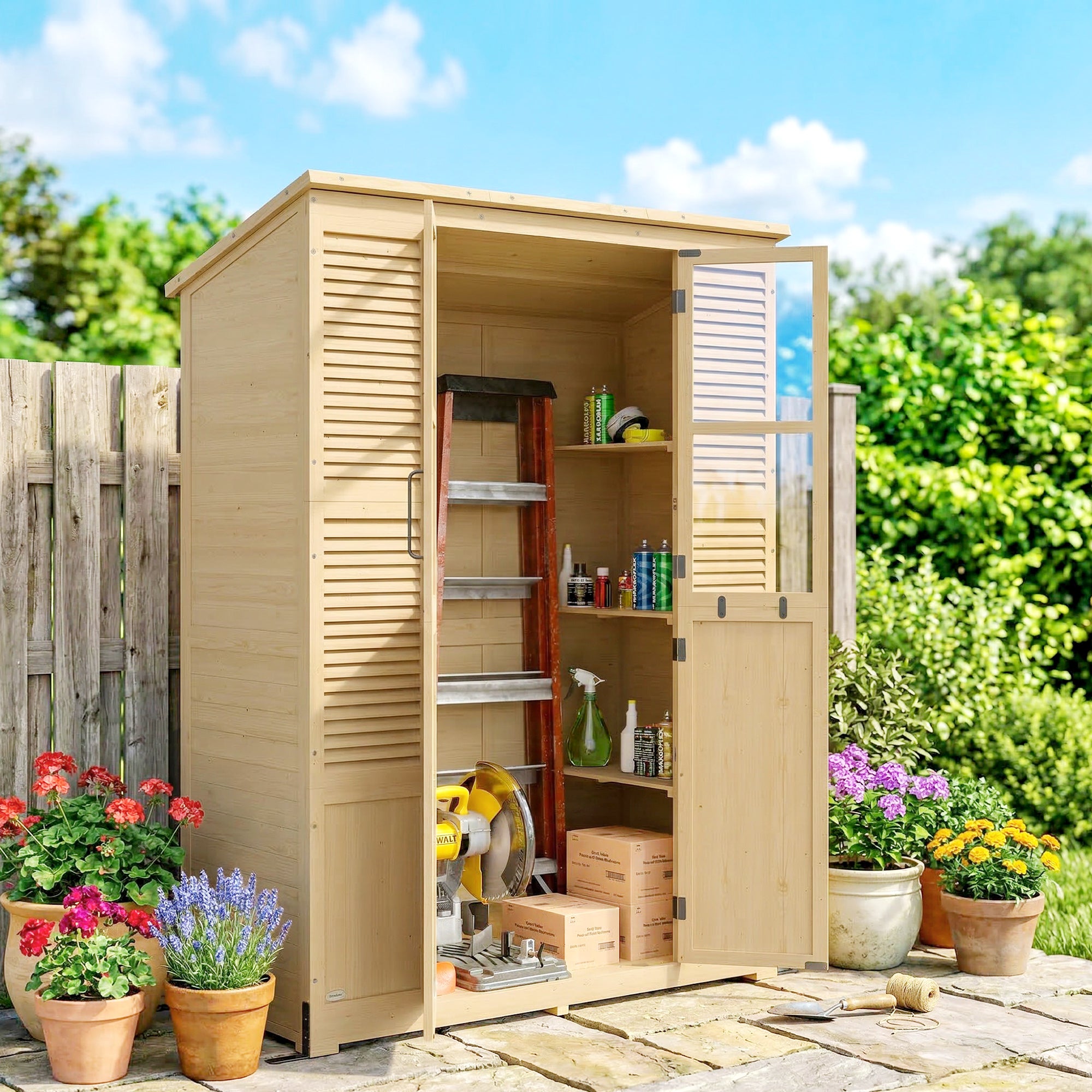 Walk-In Fir Wood Garden Shed with Asphalt Sloped Roof, 4 Windows, 6 Shelves, Ventilation & Anti-Tip Kit — 57.9 x 26.8 x 78.0 in (147 x 68 x 198 cm), Natural Wood