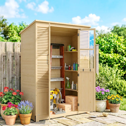 Walk-In Fir Wood Garden Shed with Asphalt Sloped Roof, 4 Windows, 6 Shelves, Ventilation & Anti-Tip Kit — 57.9 x 26.8 x 78.0 in (147 x 68 x 198 cm), Natural Wood