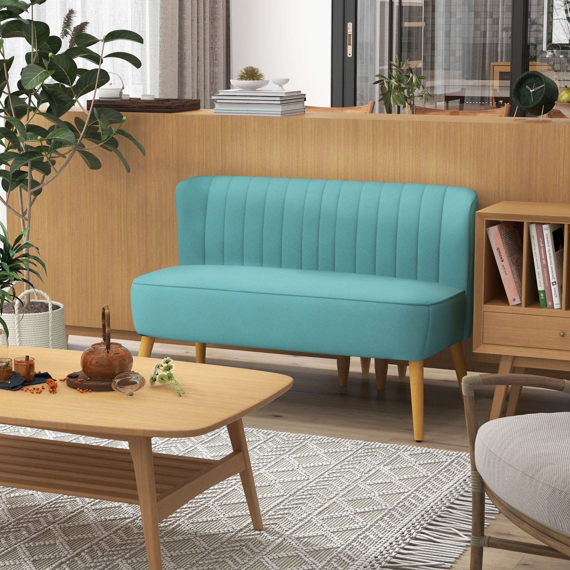 2-Seater Fabric Sofa Upholstered Couch Double Sofa Seating Furniture Lounge Sofa Wooden Velvet-Like Polyester Foam Green 117 x 56.5 x 77 cm