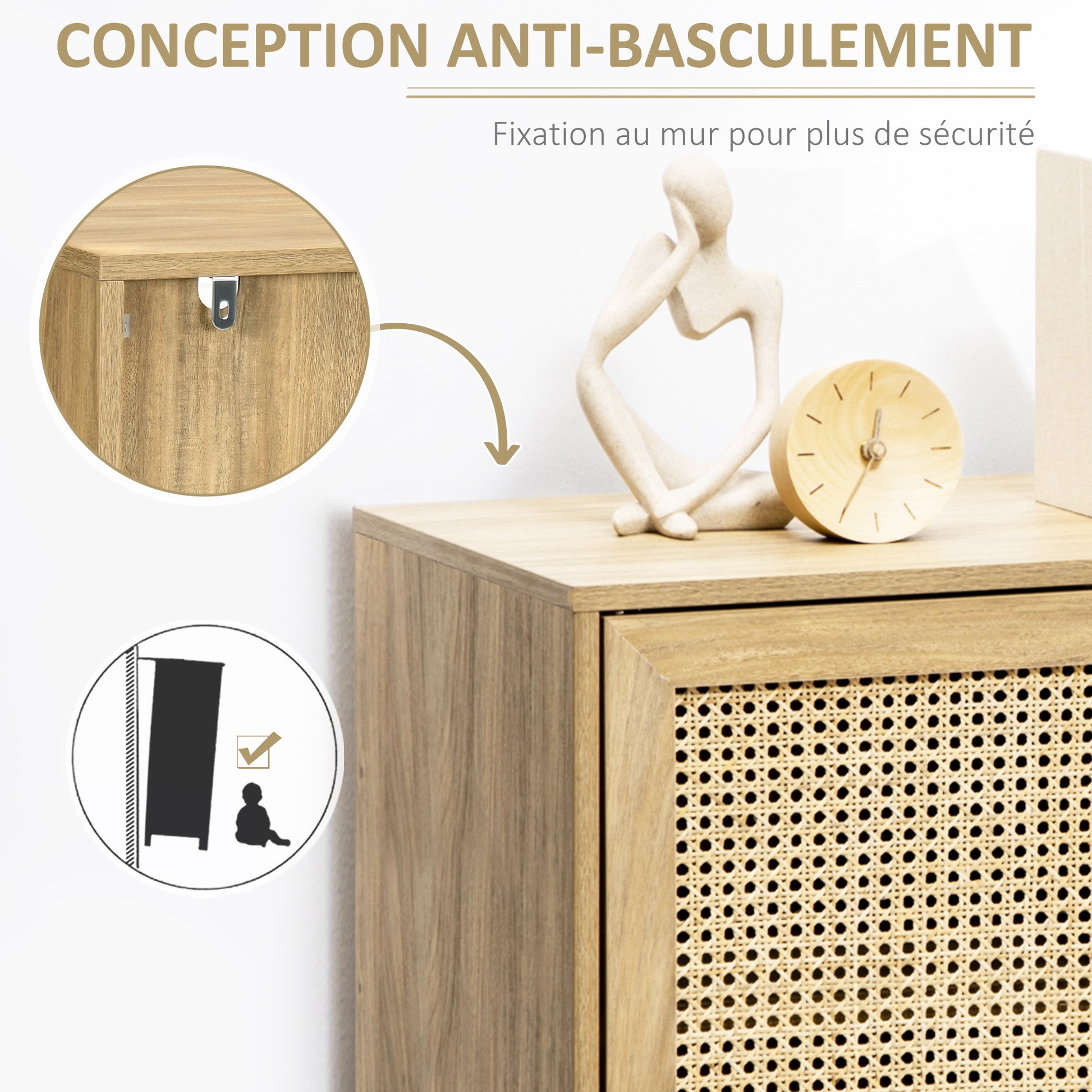 Storage Buffet Cabinet with 1 Rattan Effect Wood Door - dim. 80L x 39W x 70H cm