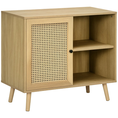 Storage Buffet Cabinet with 1 Rattan Effect Wood Door - dim. 80L x 39W x 70H cm