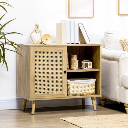 Storage Buffet Cabinet with 1 Rattan Effect Wood Door - dim. 80L x 39W x 70H cm
