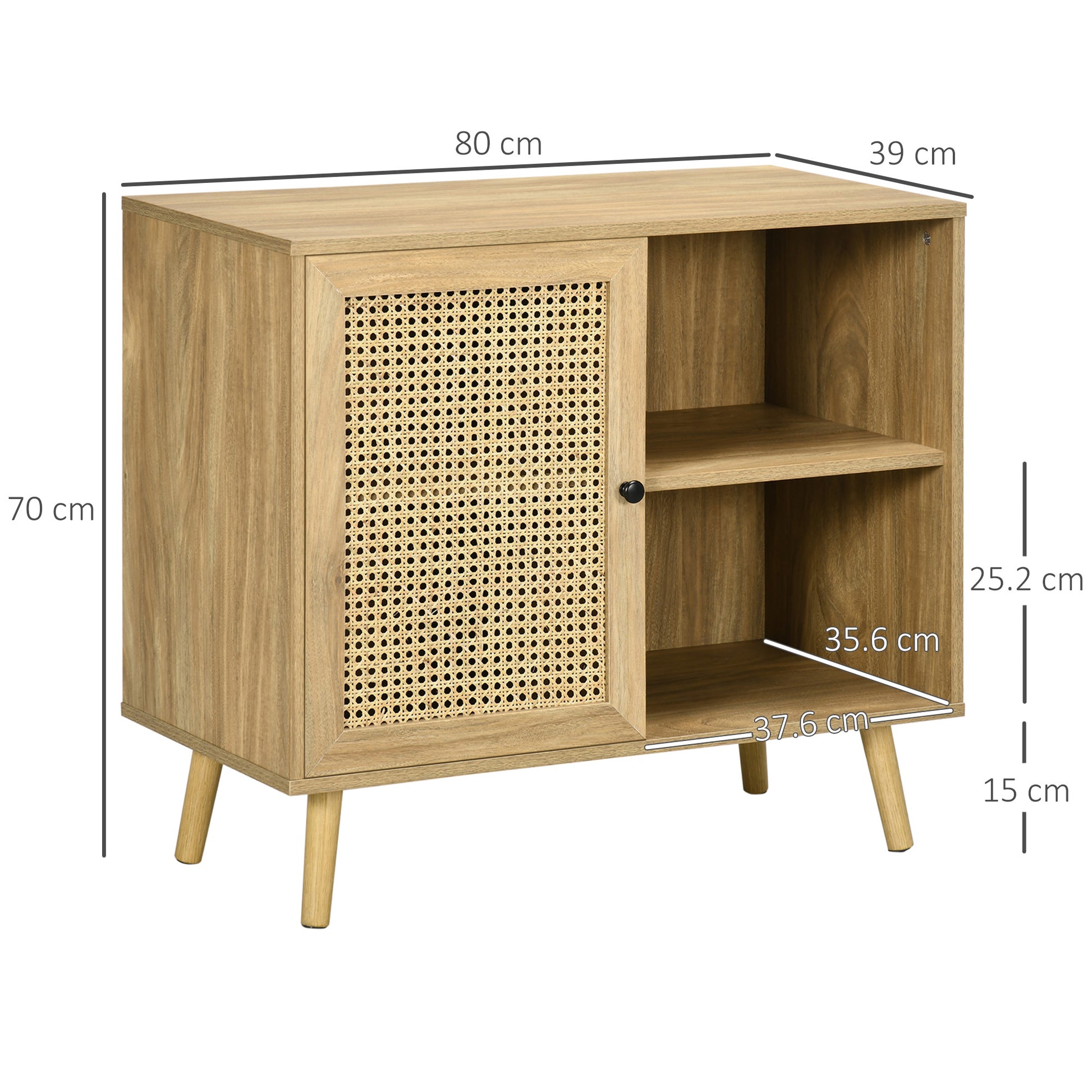 Storage Buffet Cabinet with 1 Rattan Effect Wood Door - dim. 80L x 39W x 70H cm