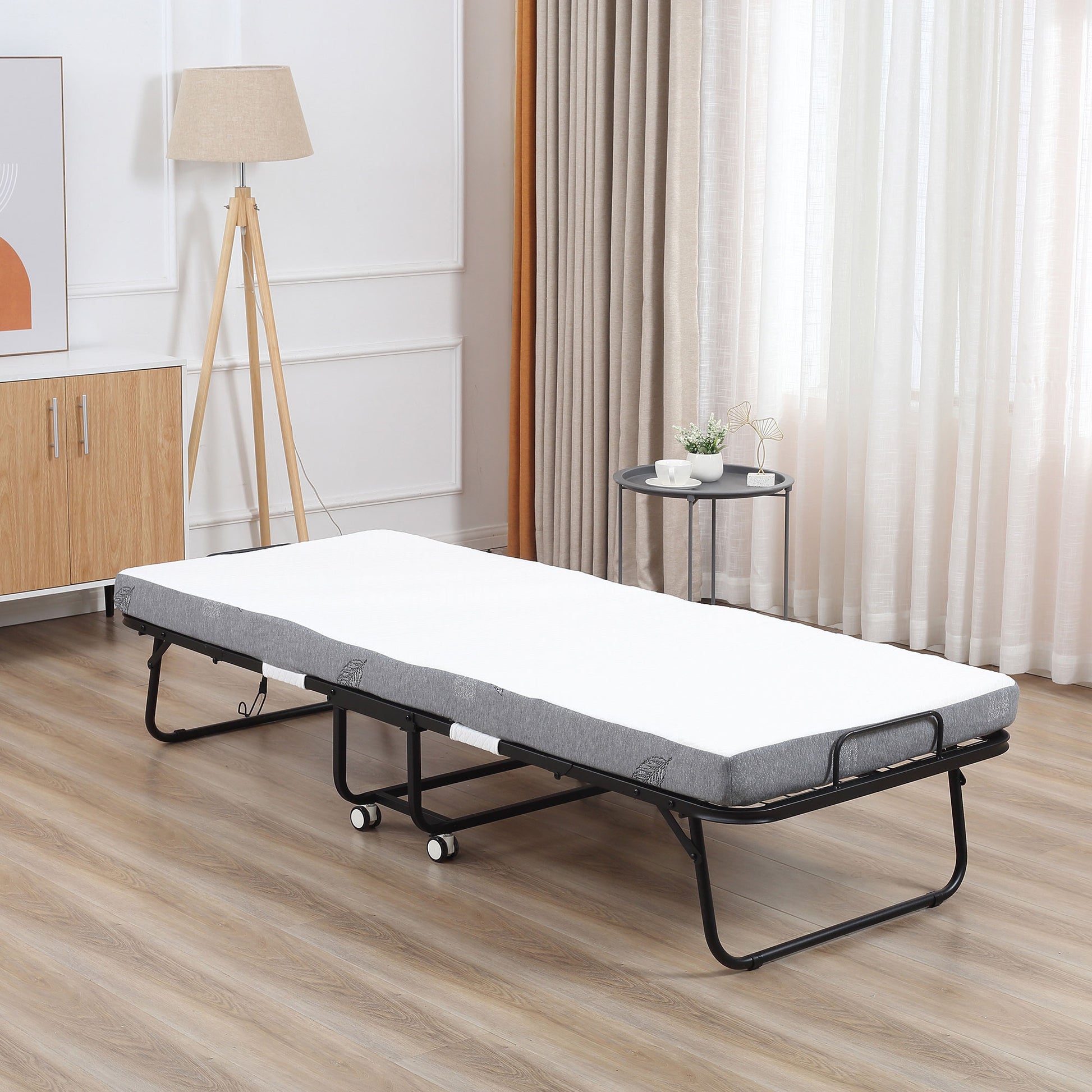 Guest Bed Folding Bed with Wheels Steel+Foam White+Black 200 x 80 x 42.5 cm