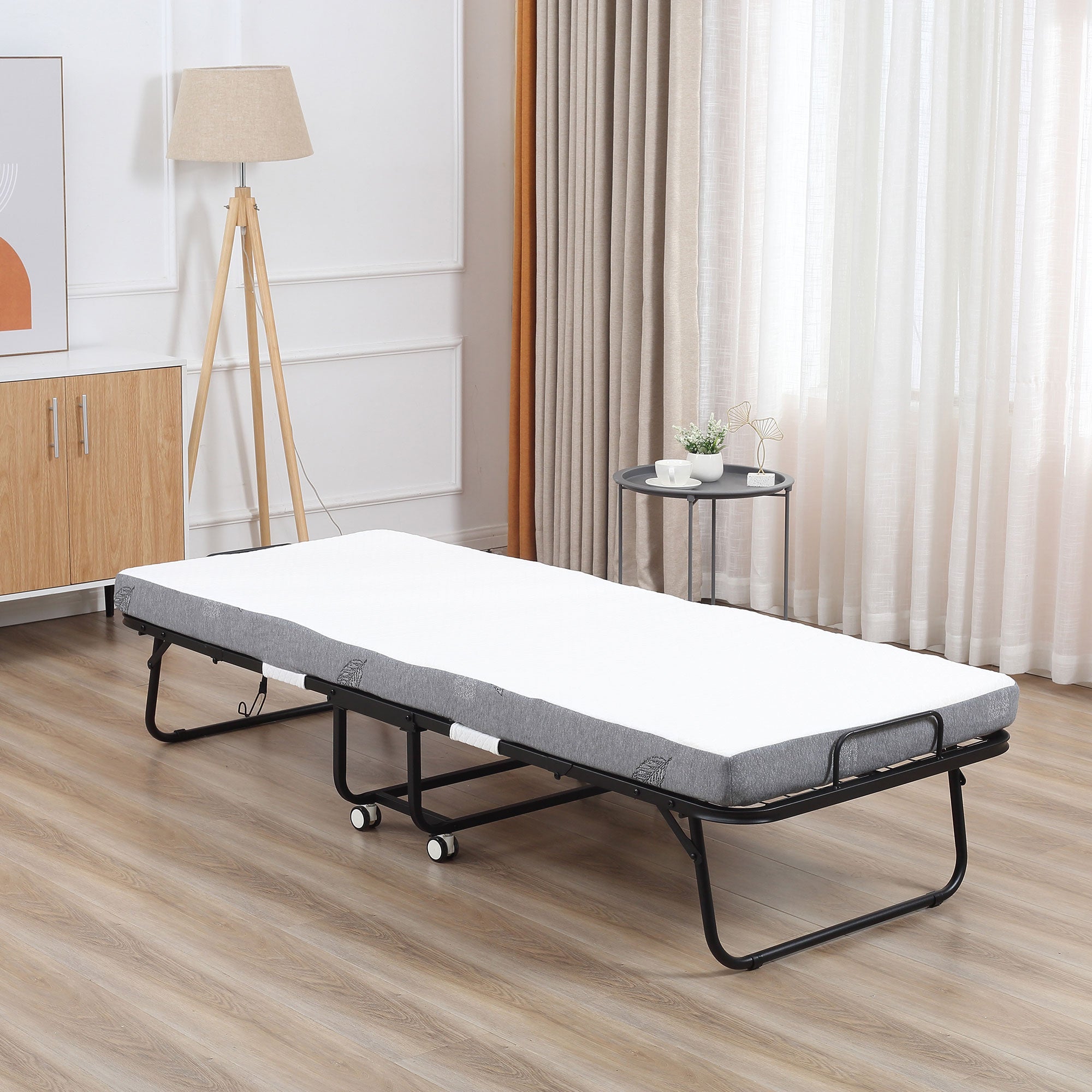 Guest Bed Folding Bed with Wheels Steel+Foam White+Black 200 x 80 x 42.5 cm
