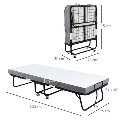 Guest Bed Folding Bed with Wheels Steel+Foam White+Black 200 x 80 x 42.5 cm