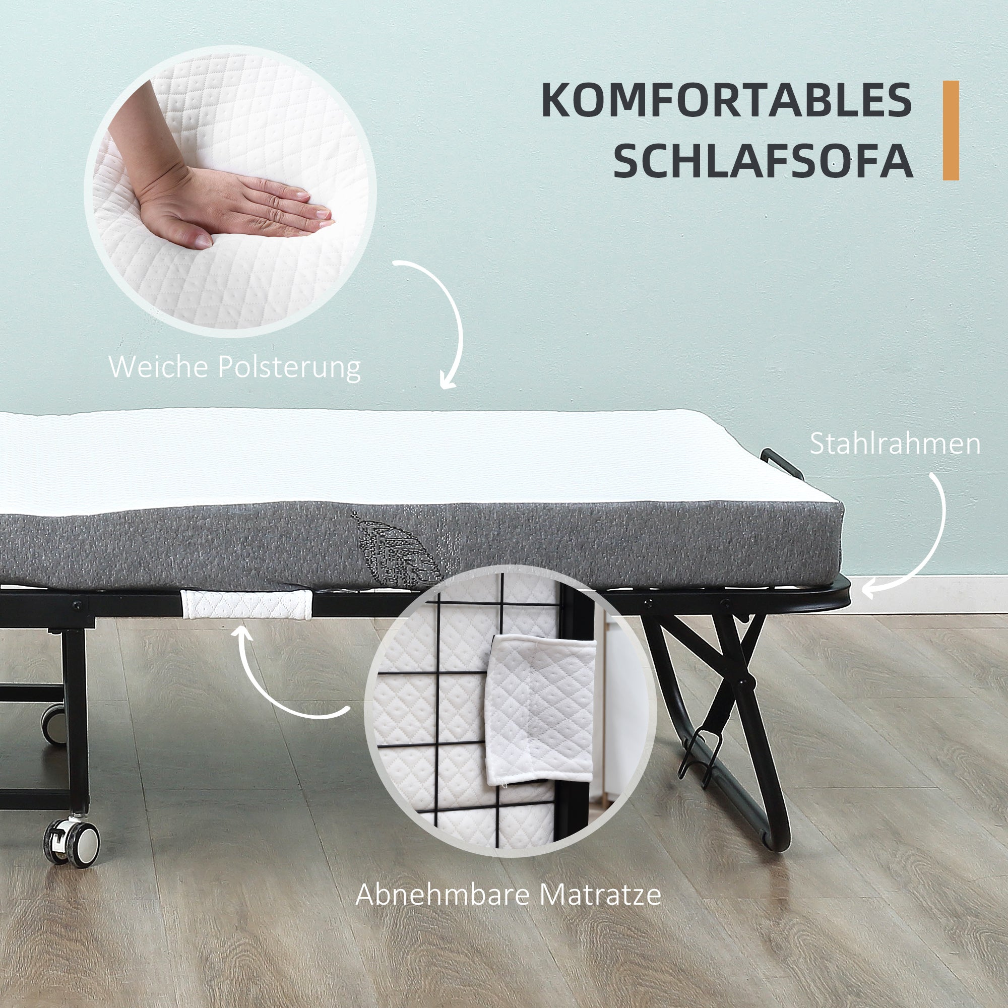 Guest Bed Folding Bed with Wheels Steel+Foam White+Black 200 x 80 x 42.5 cm