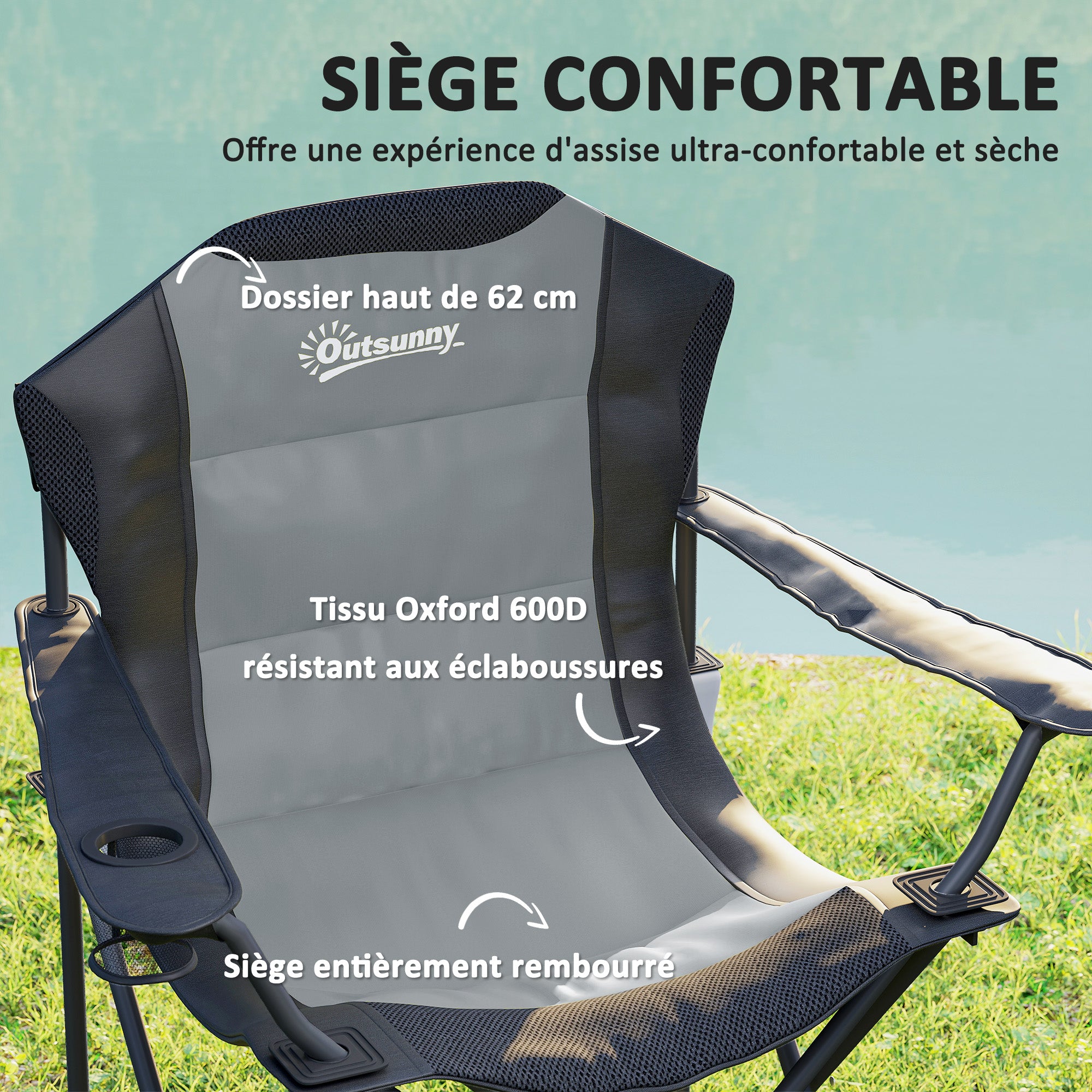 Set of 2 Folding Camping Chairs Portable Padded High Back Fishing Chair with Cup Holder, Foldable Chair for Hiking, Beach, Picnic, Travel, 120kg Load, Dark Gray