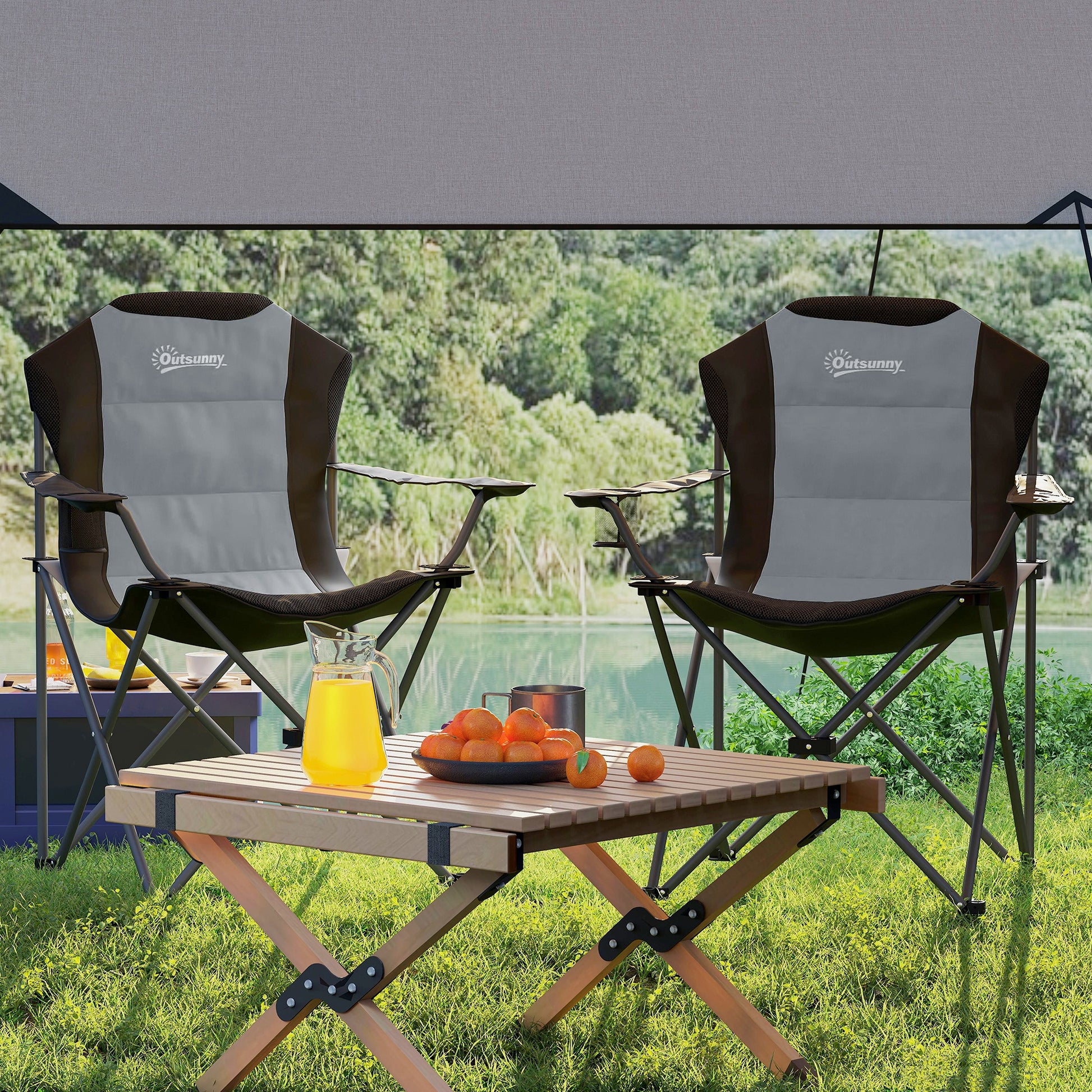 Set of 2 Folding Camping Chairs Portable Padded High Back Fishing Chair with Cup Holder, Foldable Chair for Hiking, Beach, Picnic, Travel, 120kg Load, Dark Gray