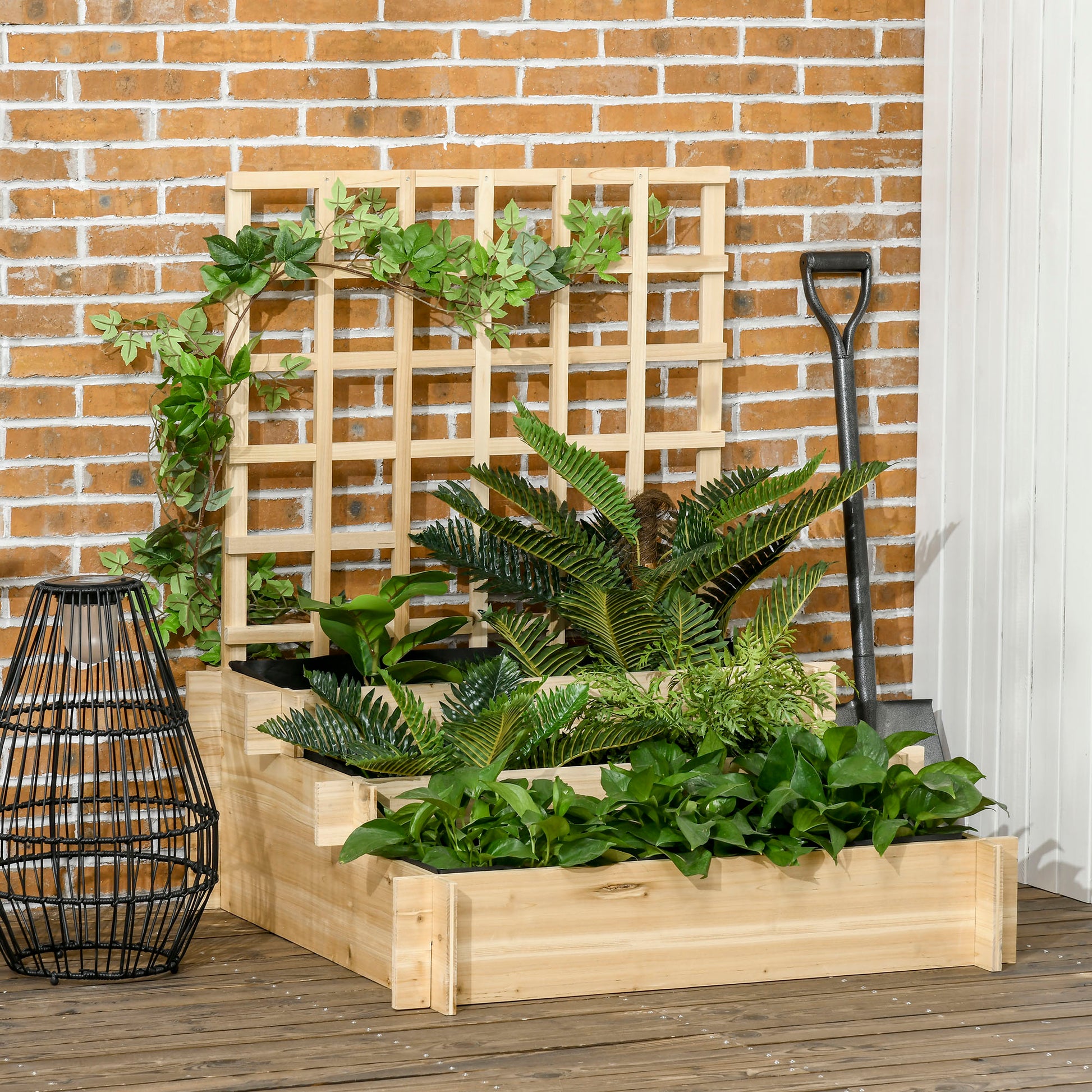 3-Tier Urban Garden with Trellis Planter Stand Wood with Non-woven Fabric for Growing Vegetables Flowers Herbs 95x95x110 cm Natural