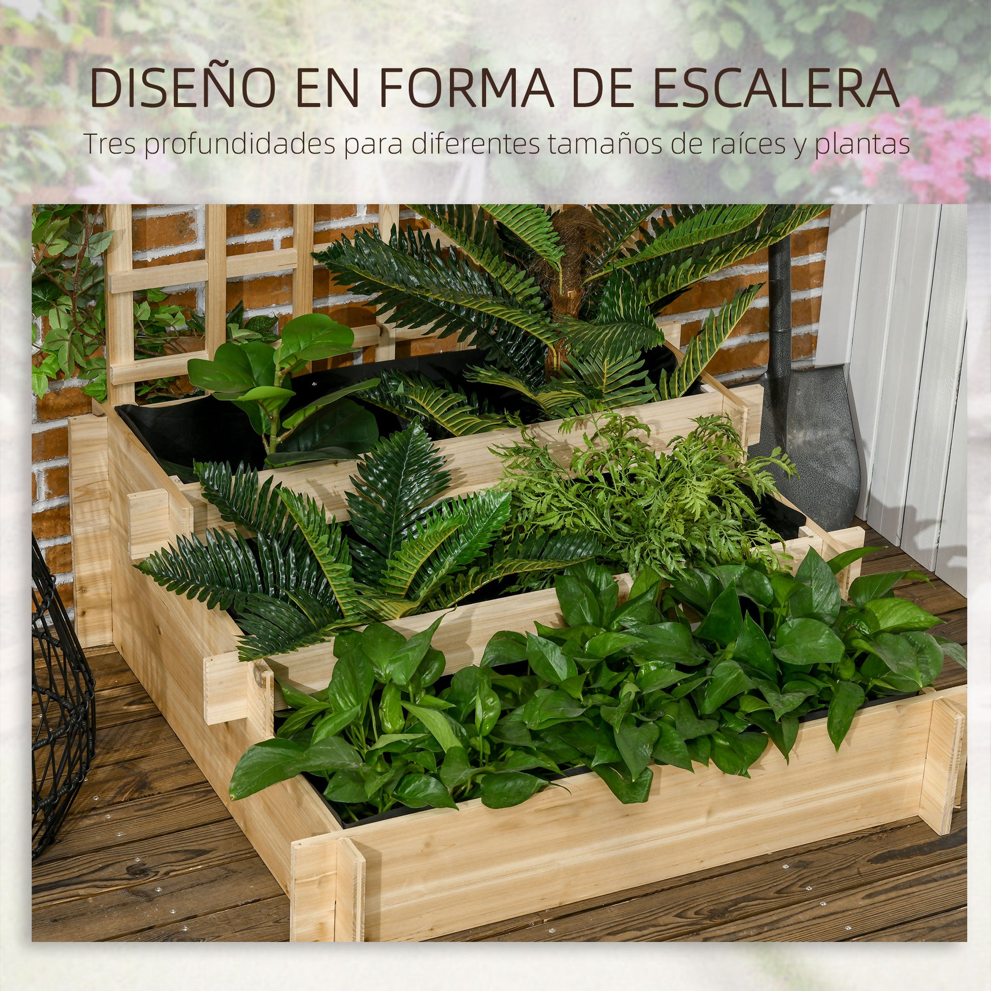 3-Tier Urban Garden with Trellis Planter Stand Wood with Non-woven Fabric for Growing Vegetables Flowers Herbs 95x95x110 cm Natural